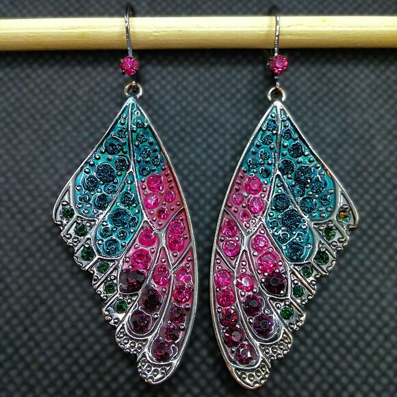 Butterfly Wing Dangle Earrings Colorful Gunmetal Gray Sparkle Pink Blue Crystals - Picture 3 of 9